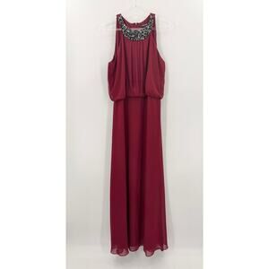 H9‎ Nine West Burgundy Beaded Maxi Dress Womens 16 Formal Chiffon Gown